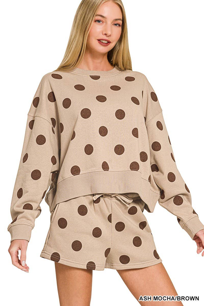 Fleece Polka Dot Print Round Neck Pullover And Shorts Set