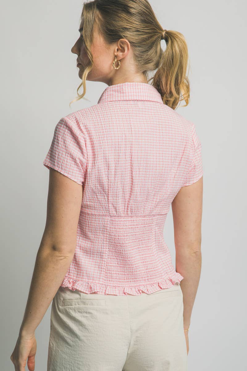 0410 Short Sleeve Collared Ruffled Hem Shirt SI-29702