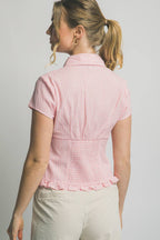 0410 Short Sleeve Collared Ruffled Hem Shirt SI-29702