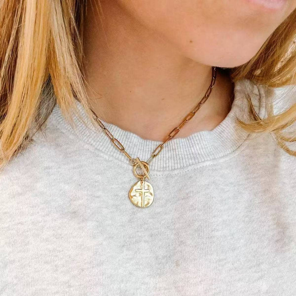 Cute Gold Cross Chain Front Hook Necklace Hammered Metal
