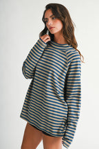 8645IN Mock Neck Yarn-Dyed Striped Oversized Long Sleeve Tee