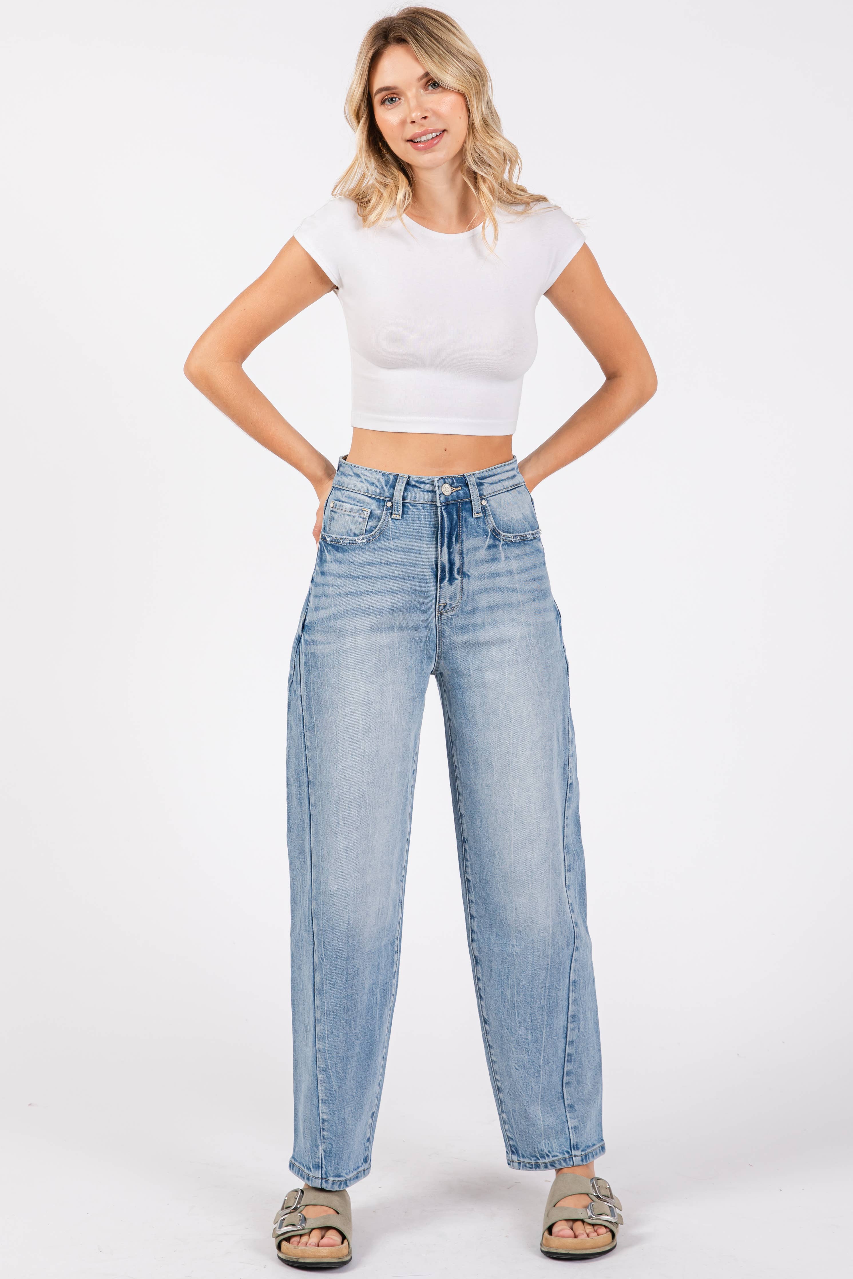 P1305X-LM SIDE SEAM DETAILING HIGH RISE COMFORT BARREL JEANS