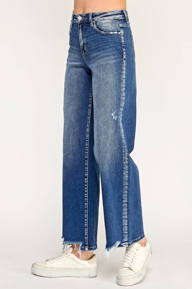 P7091W-DM HIGH RISE SUPER STRETCH WIDE LEG W/ DESTROYED HEM