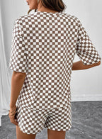Checkered Short Sleeve Drawstring Lounge Set