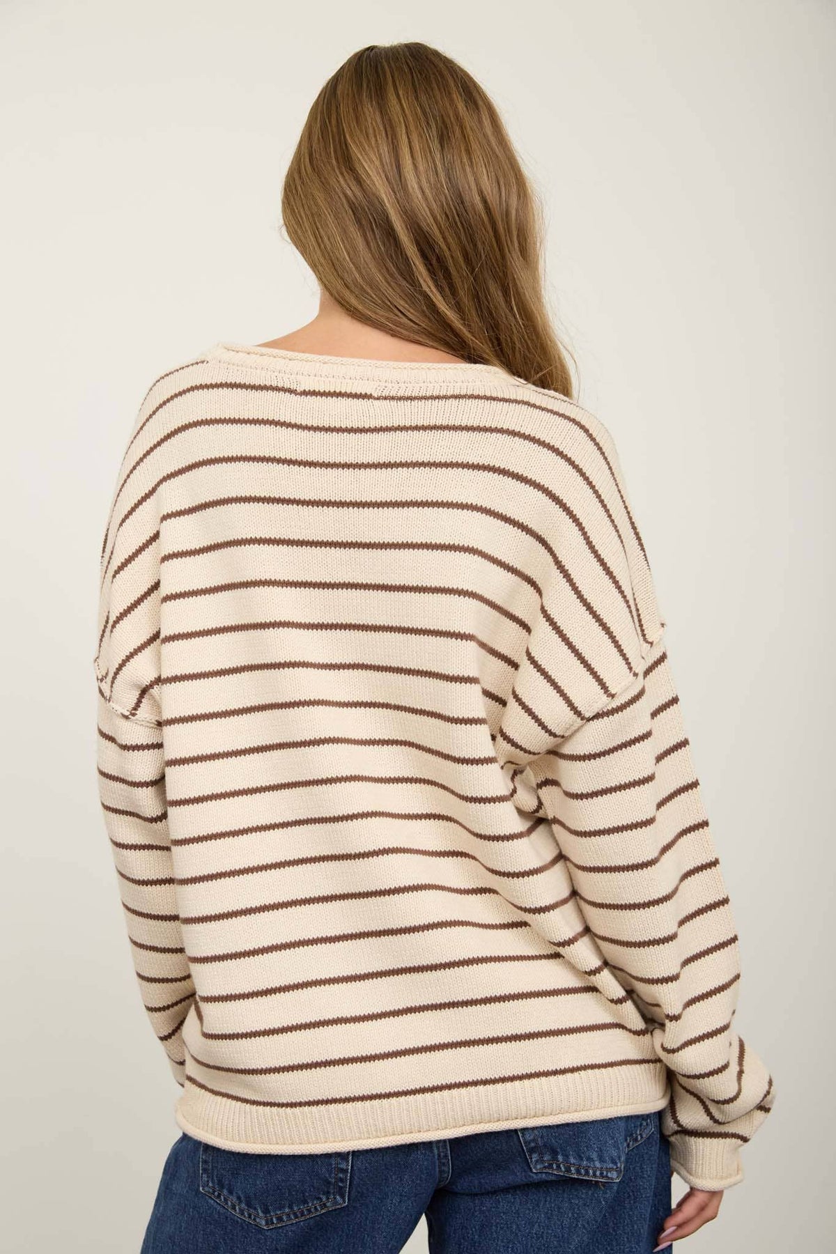 CREAM STRIPED DROP SHOULDER CREW NECK SWEATER