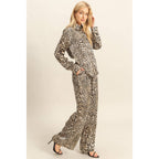 Leopard Print Tie-Waist Shirt And Pants Jumpsuit