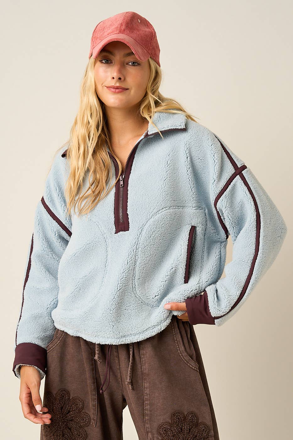 HALF ZIP CONTRAST DETAIL FLEECE SWEATSHIRT
