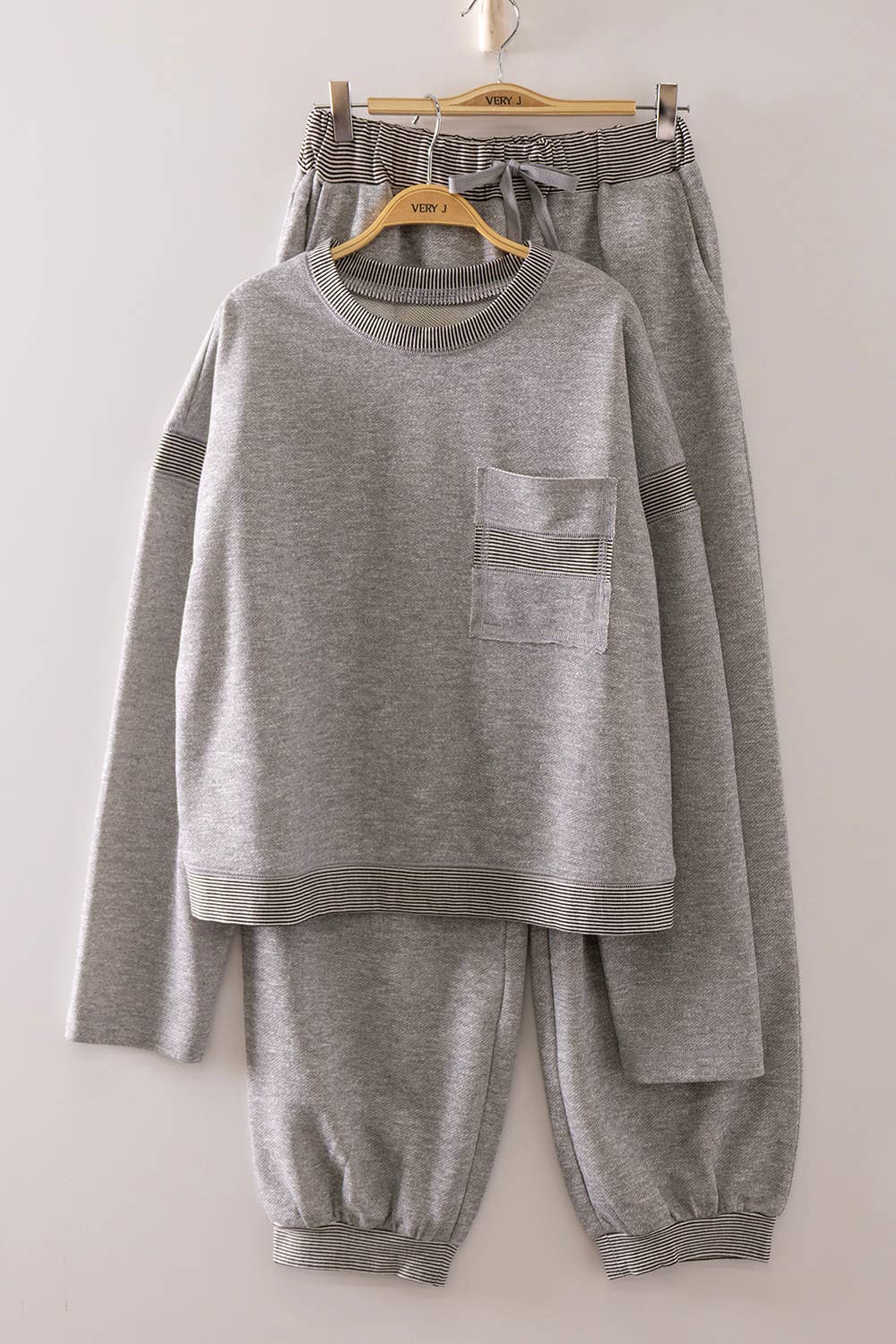 NT12845SET-Contrast Rib Trim Heathered Knit Lounge Set