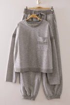 NT12845SET-Contrast Rib Trim Heathered Knit Lounge Set