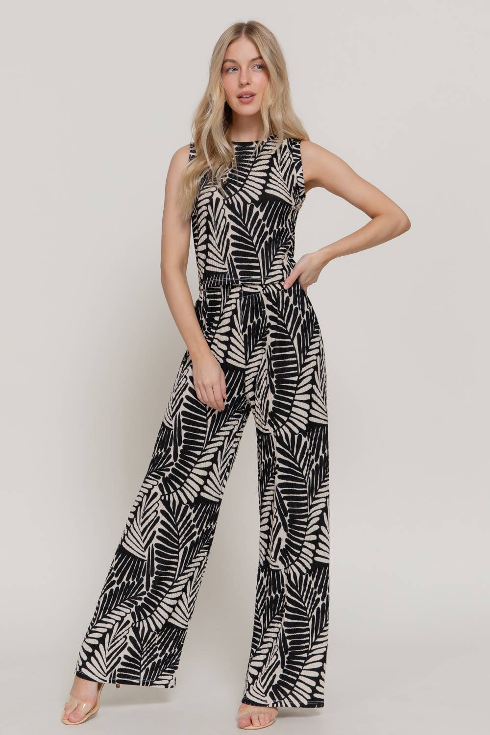 Sleeveless Top & Wide Print Knit Pants Set