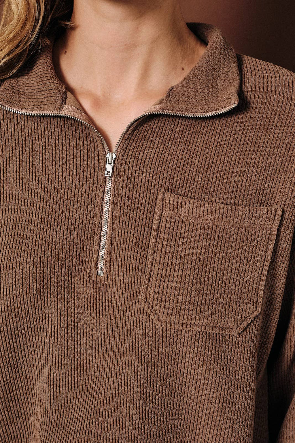 STAND COLLAR LONG SLEEVE PATCH POCKET HALF ZIP PULLOVER TOP