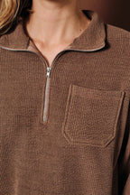 STAND COLLAR LONG SLEEVE PATCH POCKET HALF ZIP PULLOVER TOP