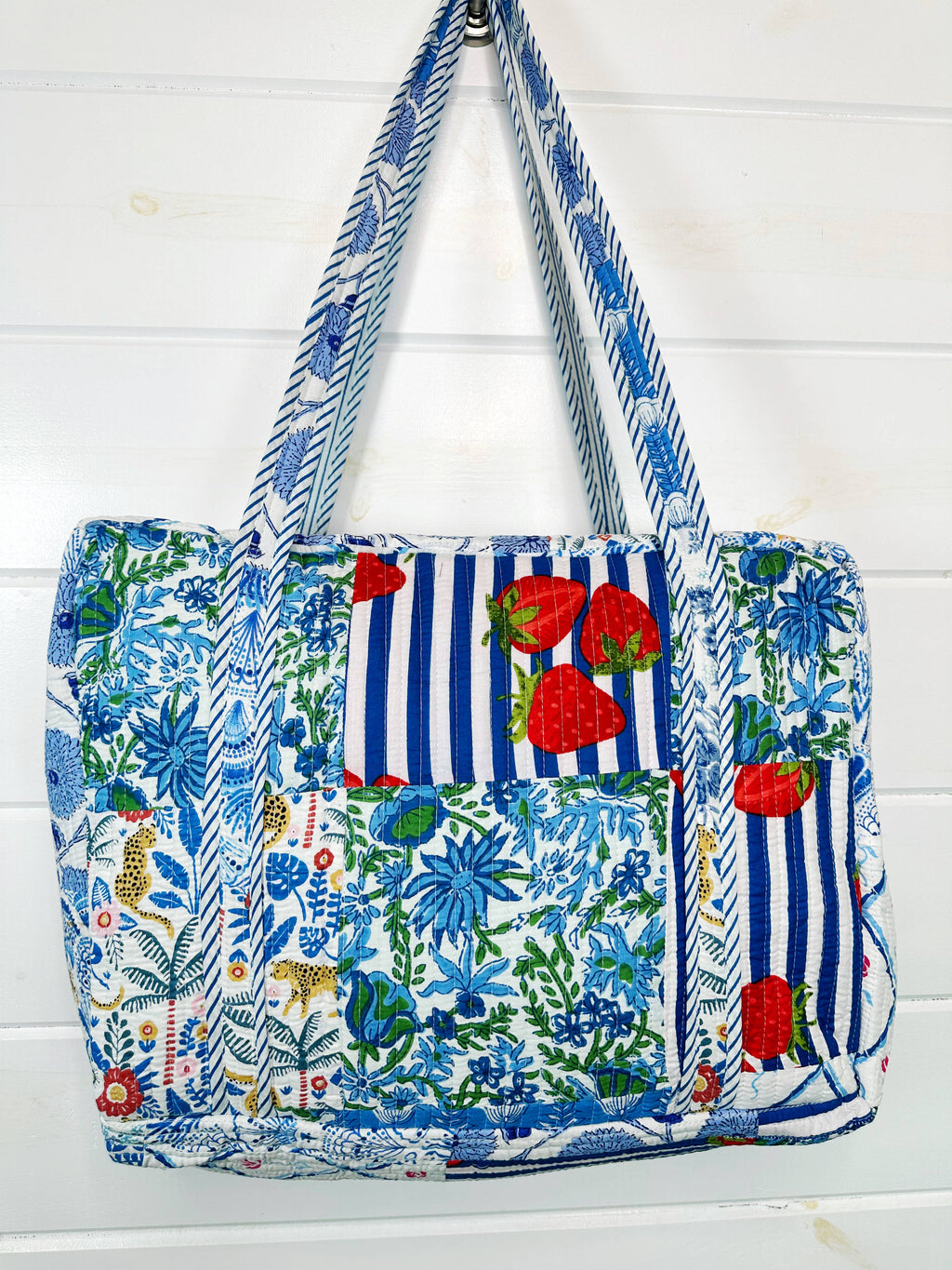 Blue Patchwork Quilted Duffle Weekender Travel Bag