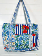 Blue Patchwork Quilted Duffle Weekender Travel Bag