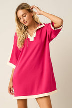 CLOUD KNIT CONTRAST STRIPE POLO MINI SHIRT DRESS