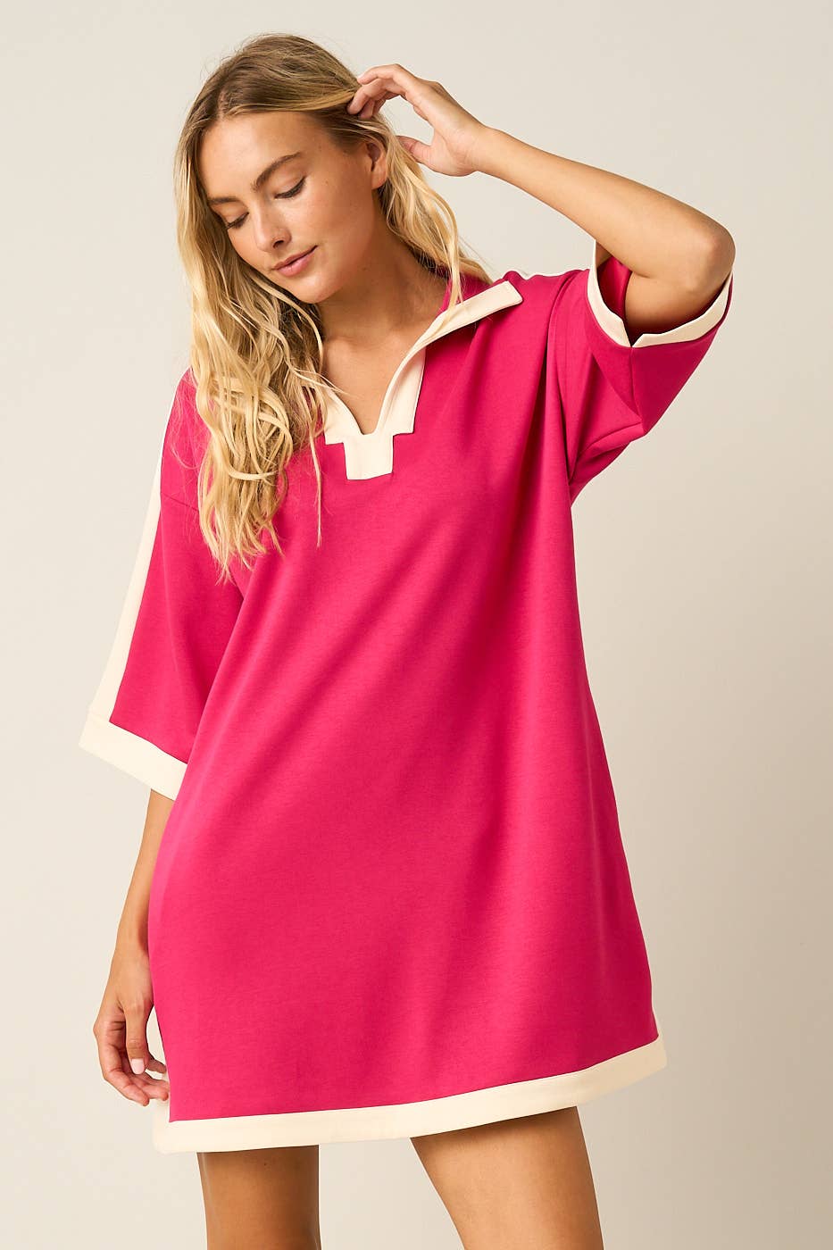 CLOUD KNIT CONTRAST STRIPE POLO MINI SHIRT DRESS