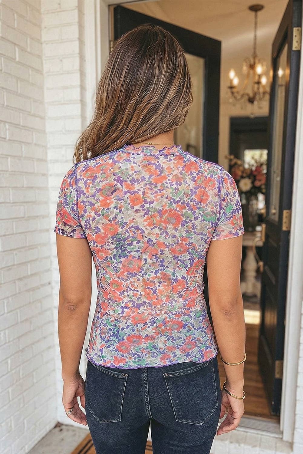 Retro Floral Printed Mesh Western Top