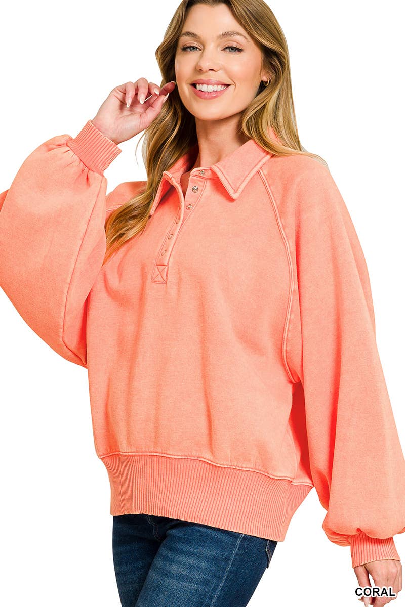Acid Wash Fleece Button Up Collared Pullover