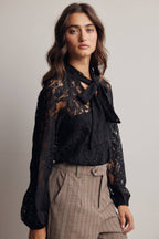 Sheer Lace Tie Neck Blouse FT0059