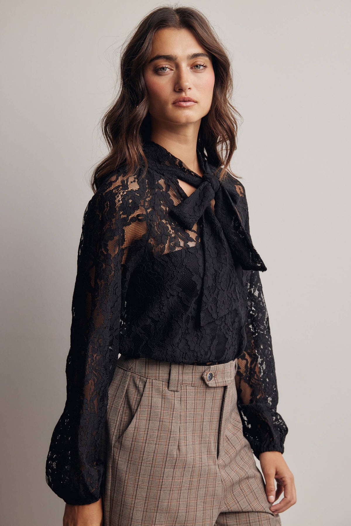 Sheer Lace Tie Neck Blouse FT0059