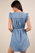 ND31543-Washed Chambray Ruffle Detail Mini Dress