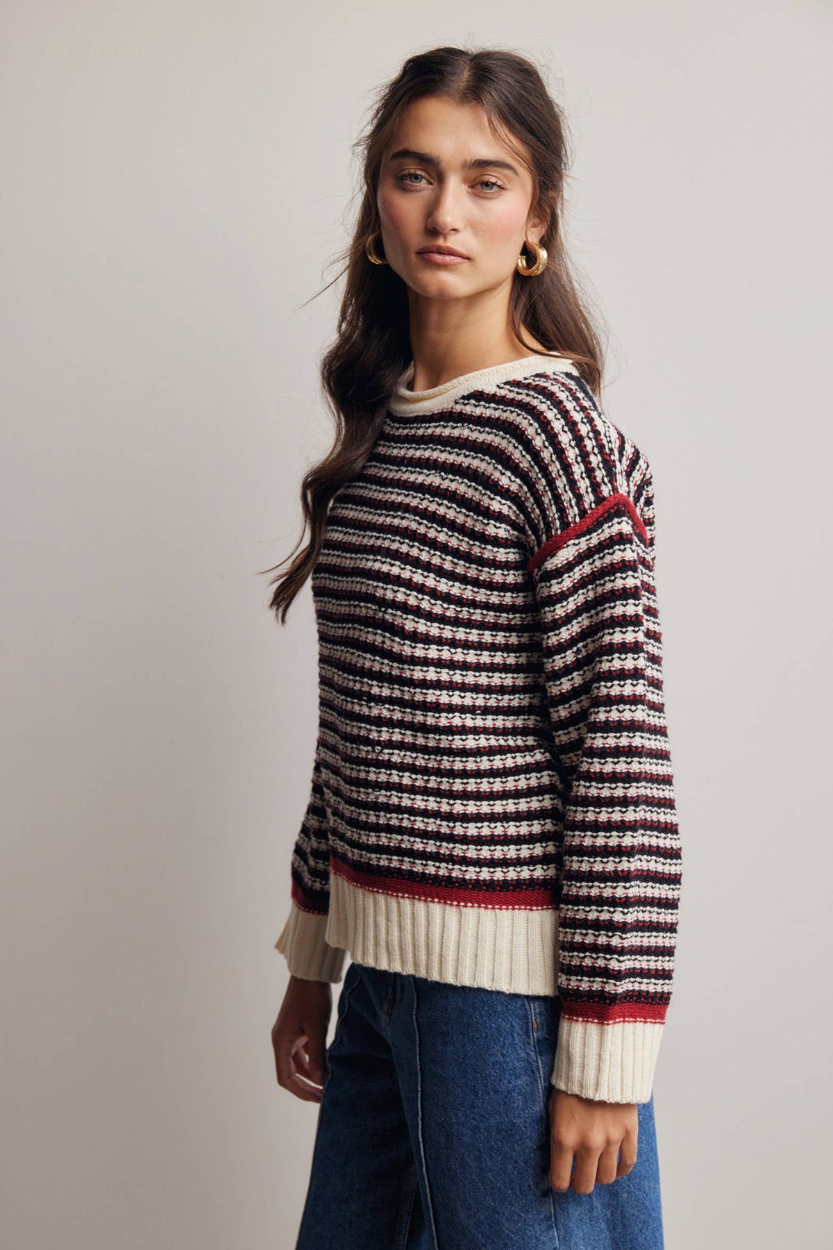 Striped Textured Knit Sweater FSW0063