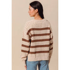 STRIPE CABLE KNIT SWEATER TOP WITH SIDE SLITS