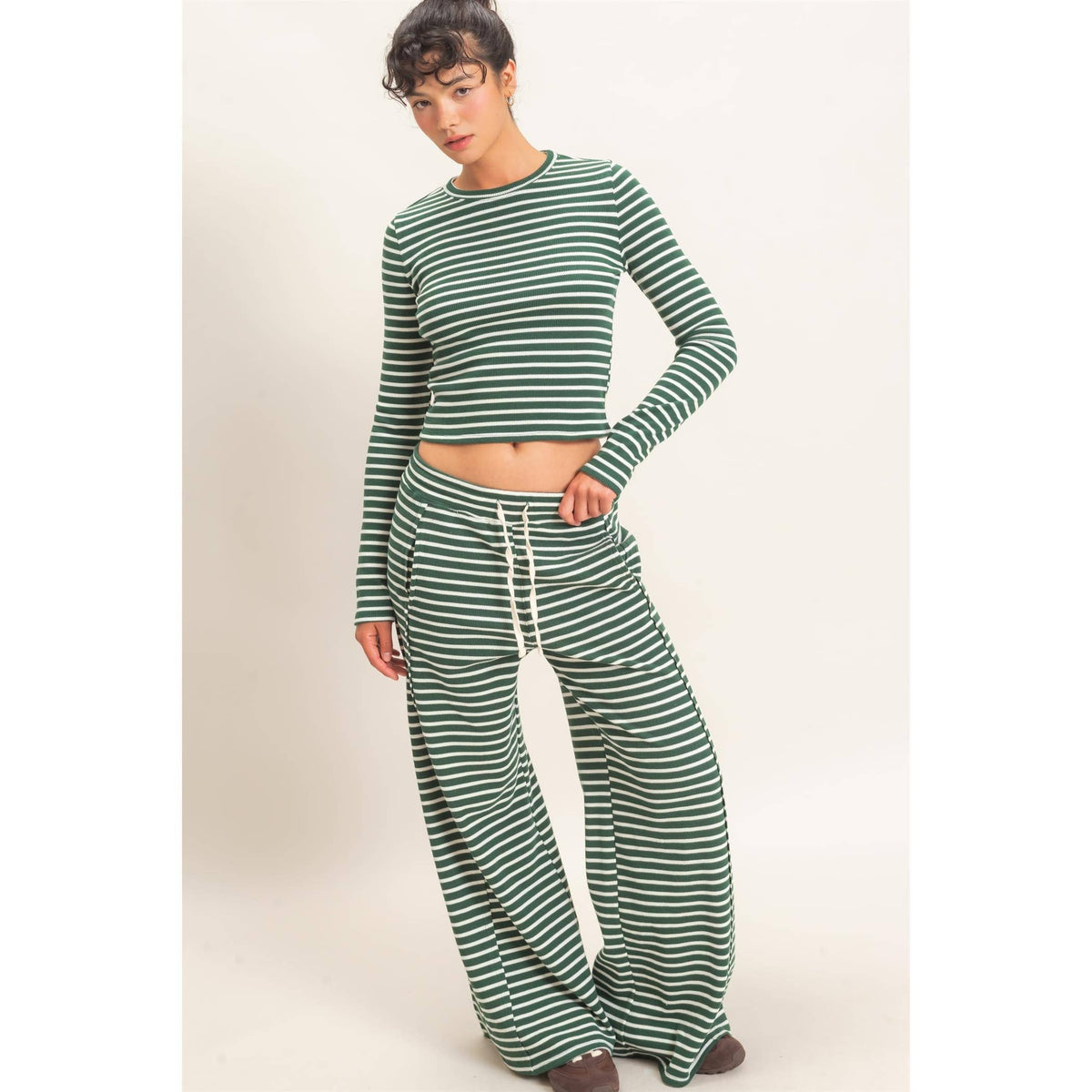Striped Waffle Long Sleeve Top & Pants Set