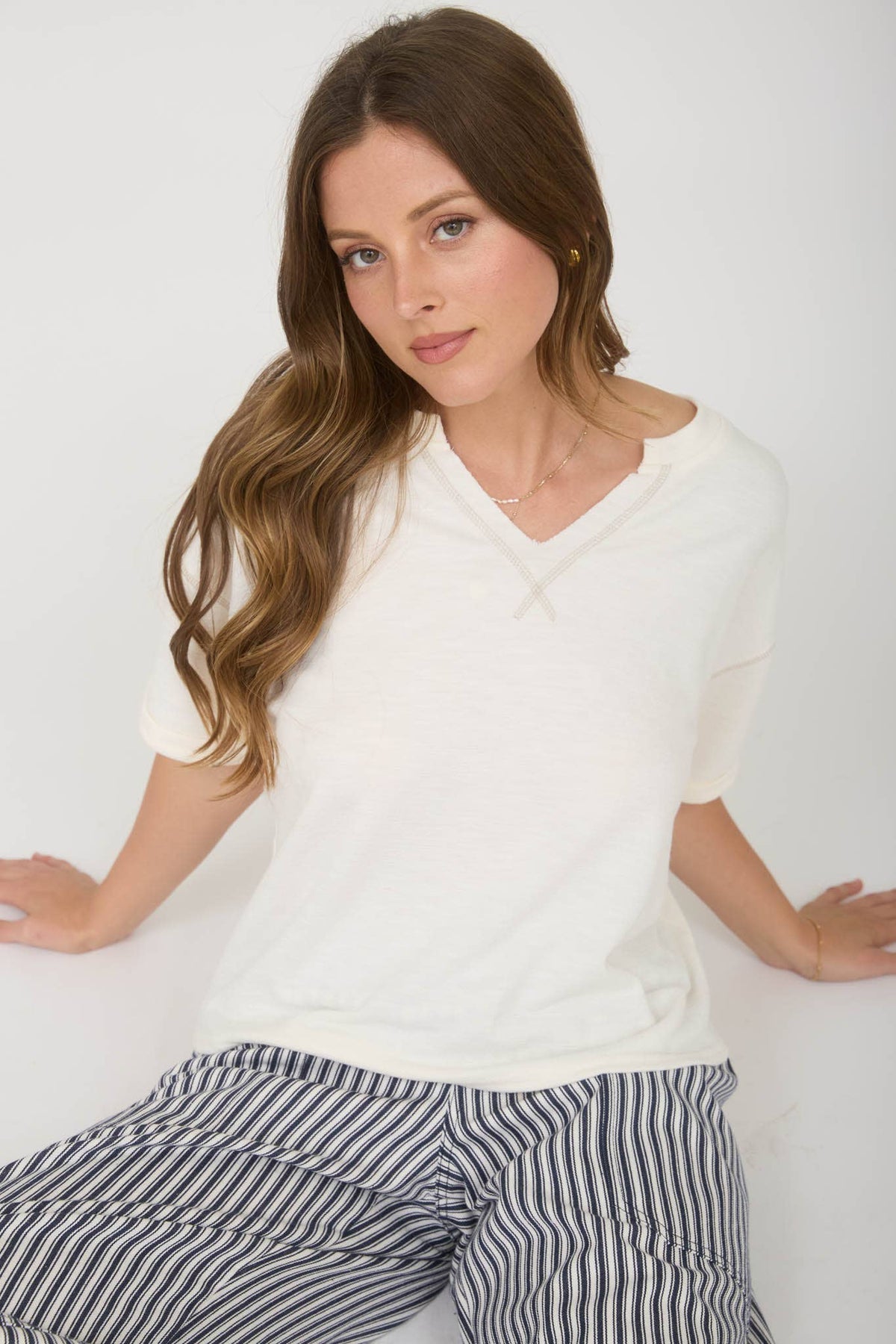 CONTRAST STITCH DROP SHOULDER CUFF SLEEVE KNIT TOP