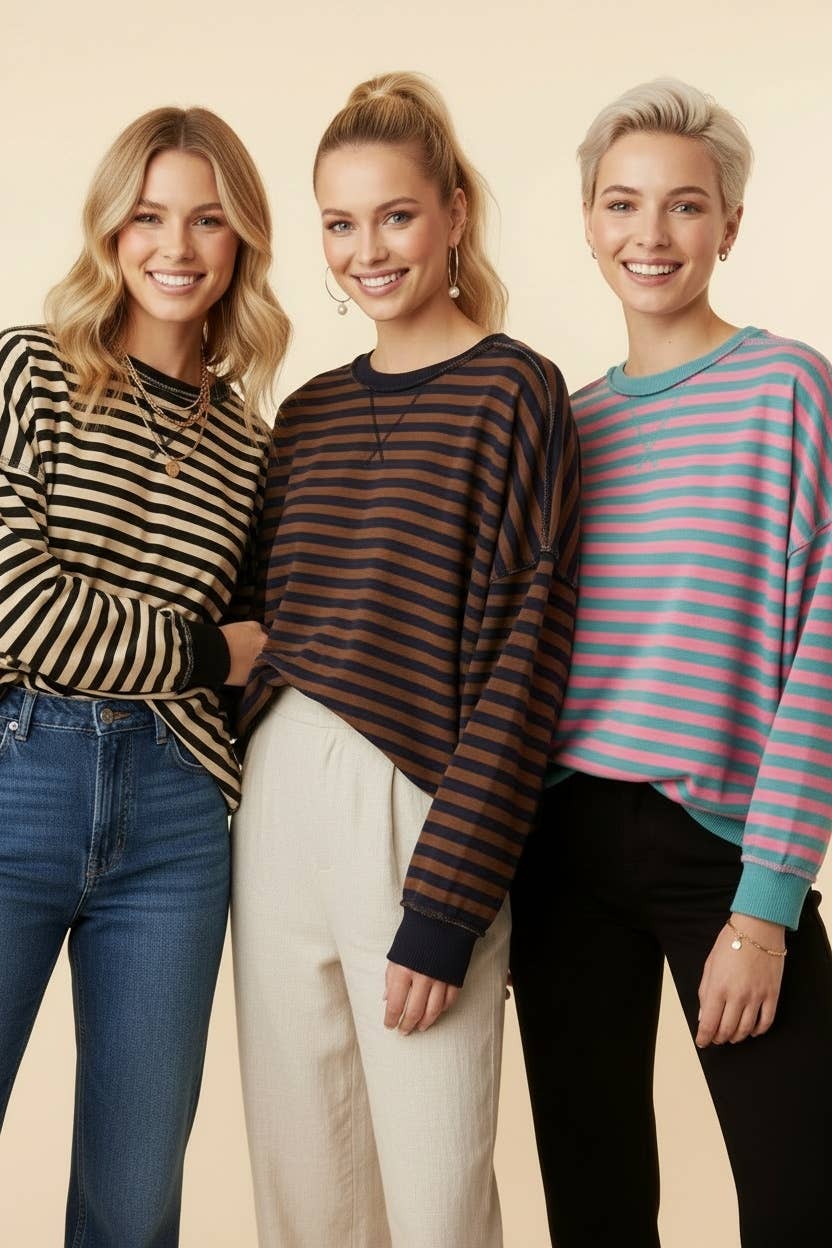 HT20242 Striped Drop-Shoulder Pullover Sweatshirt