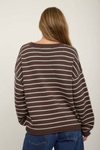 CREAM STRIPED DROP SHOULDER CREW NECK SWEATER