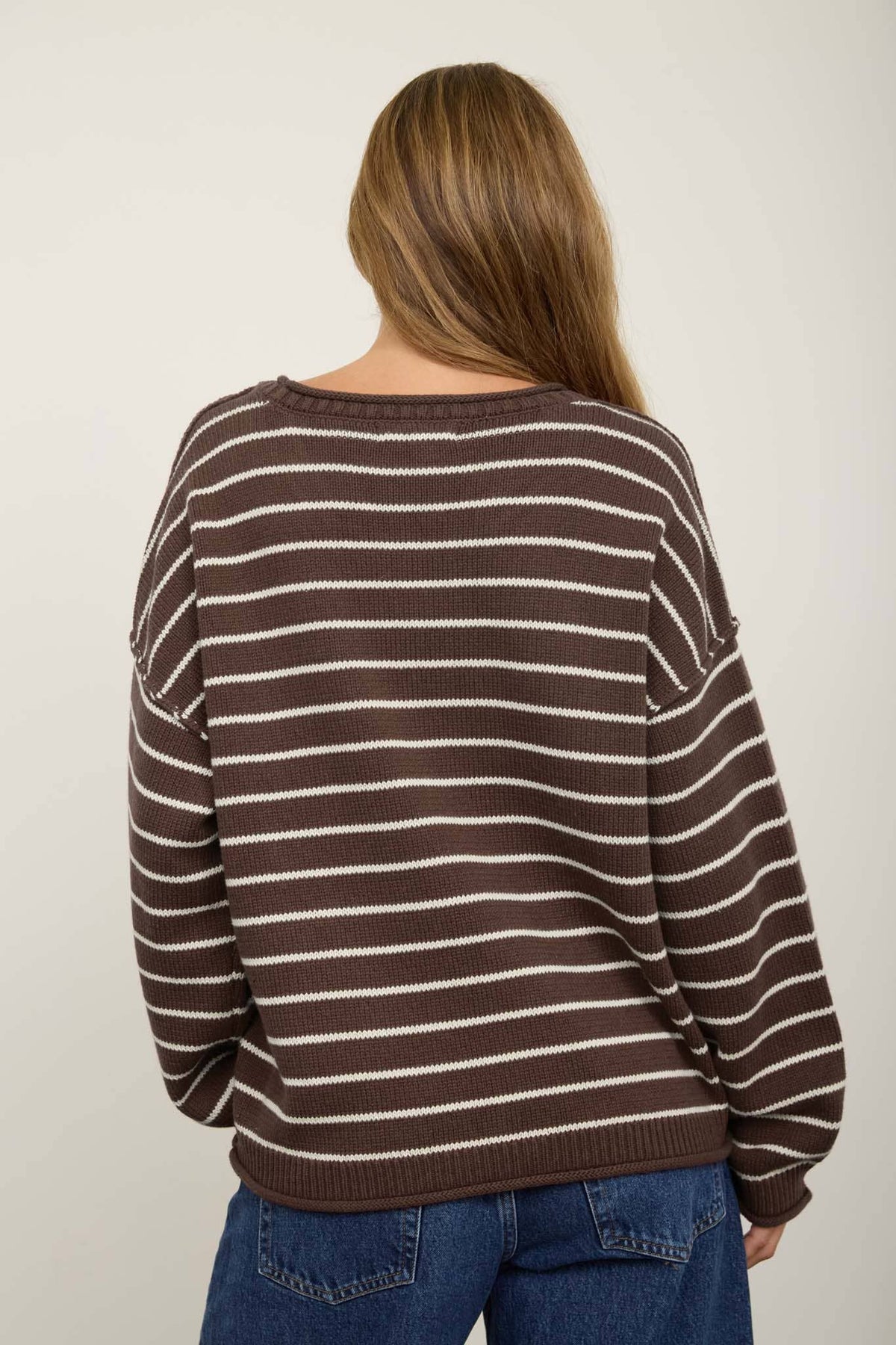 CREAM STRIPED DROP SHOULDER CREW NECK SWEATER