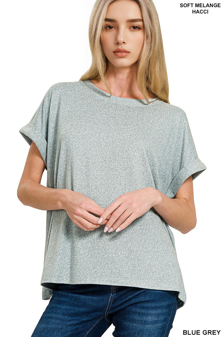 Soft Melange Folded Sleeve Round Neck Top - Zenana