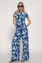 Print Texture Knit Short Sleeve Top & Waist Band Pants Set