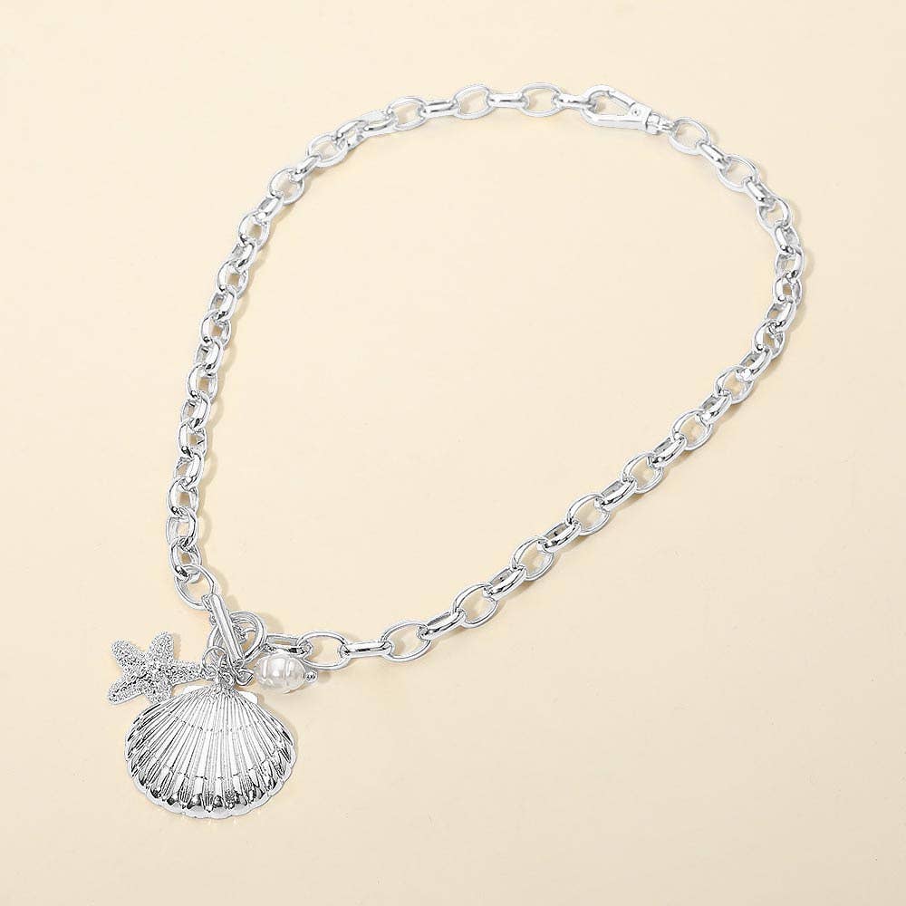 Seashell Starfish Pearl Charm Toggle Chunky Chain Necklace