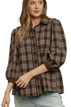 Plaid Button Front Puff Sleeve Blouse