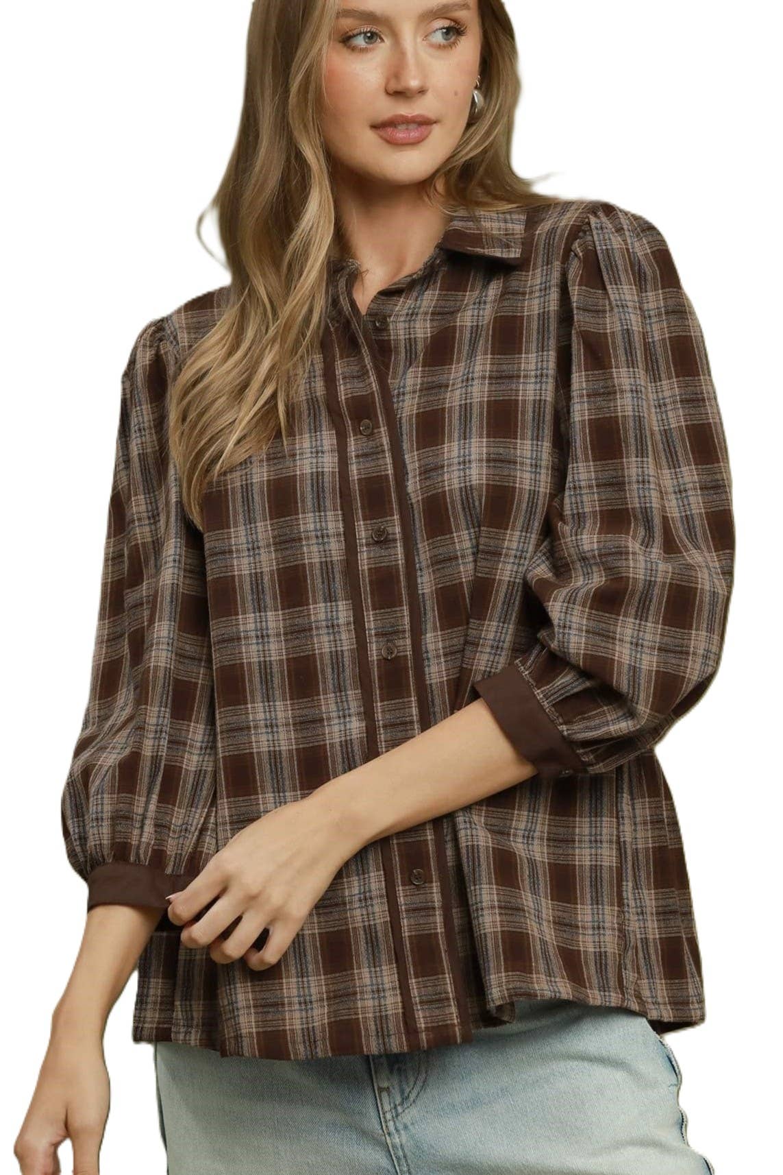 Plaid Button Front Puff Sleeve Blouse