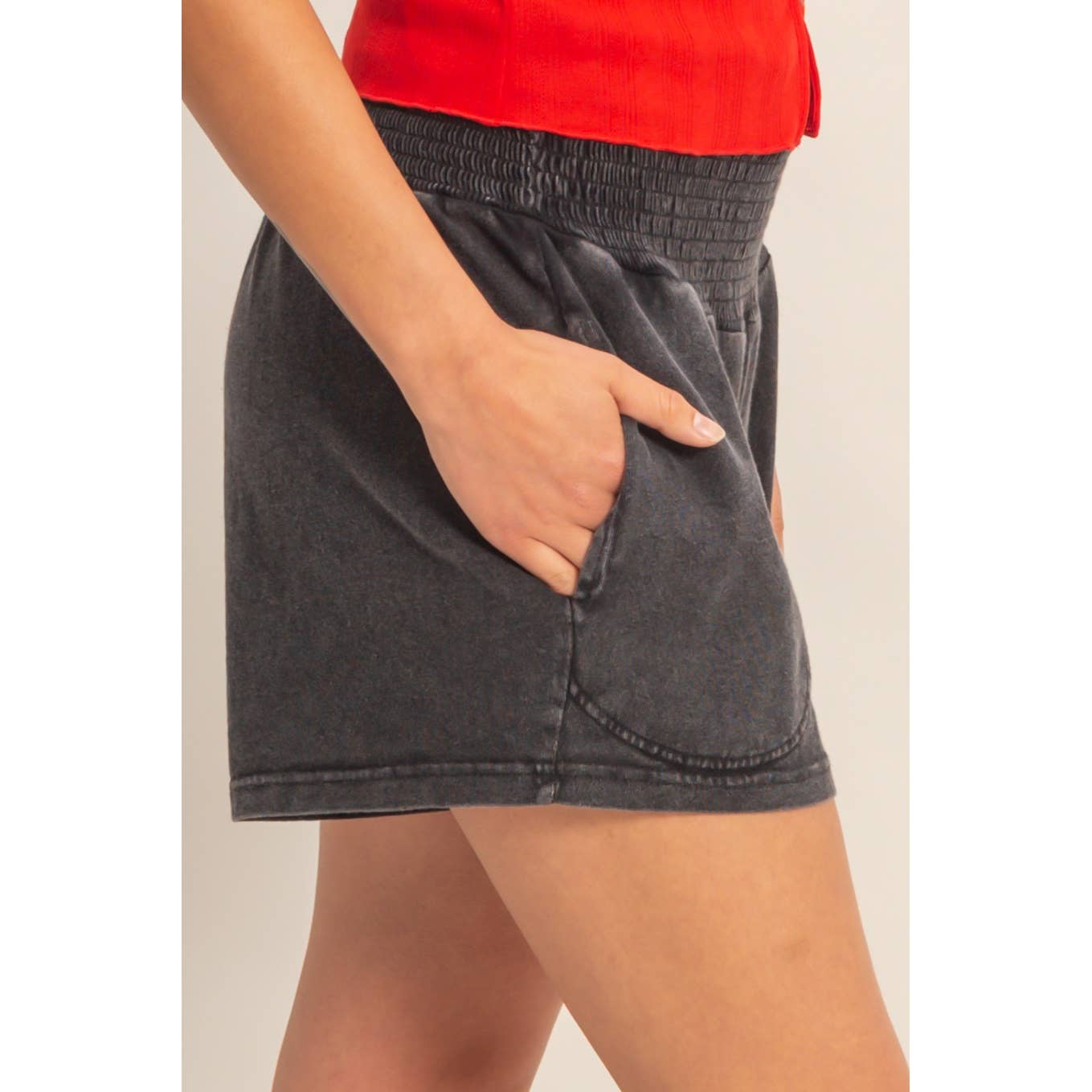 Smocked Waist Mineral Wash Shorts