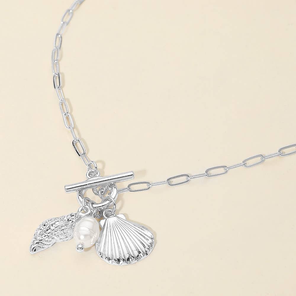 Seashell Pearl Charm Toggle Paperclip Chain Necklace