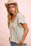 Crochet Knit Top With Scallop Stripe Relaxed Fit