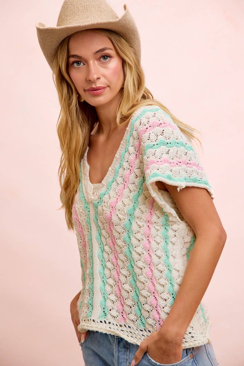 Crochet Knit Top With Scallop Stripe Relaxed Fit