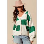 CHECKERED BUTTON FRONT TEXTURED SWEATER CARDIGAN