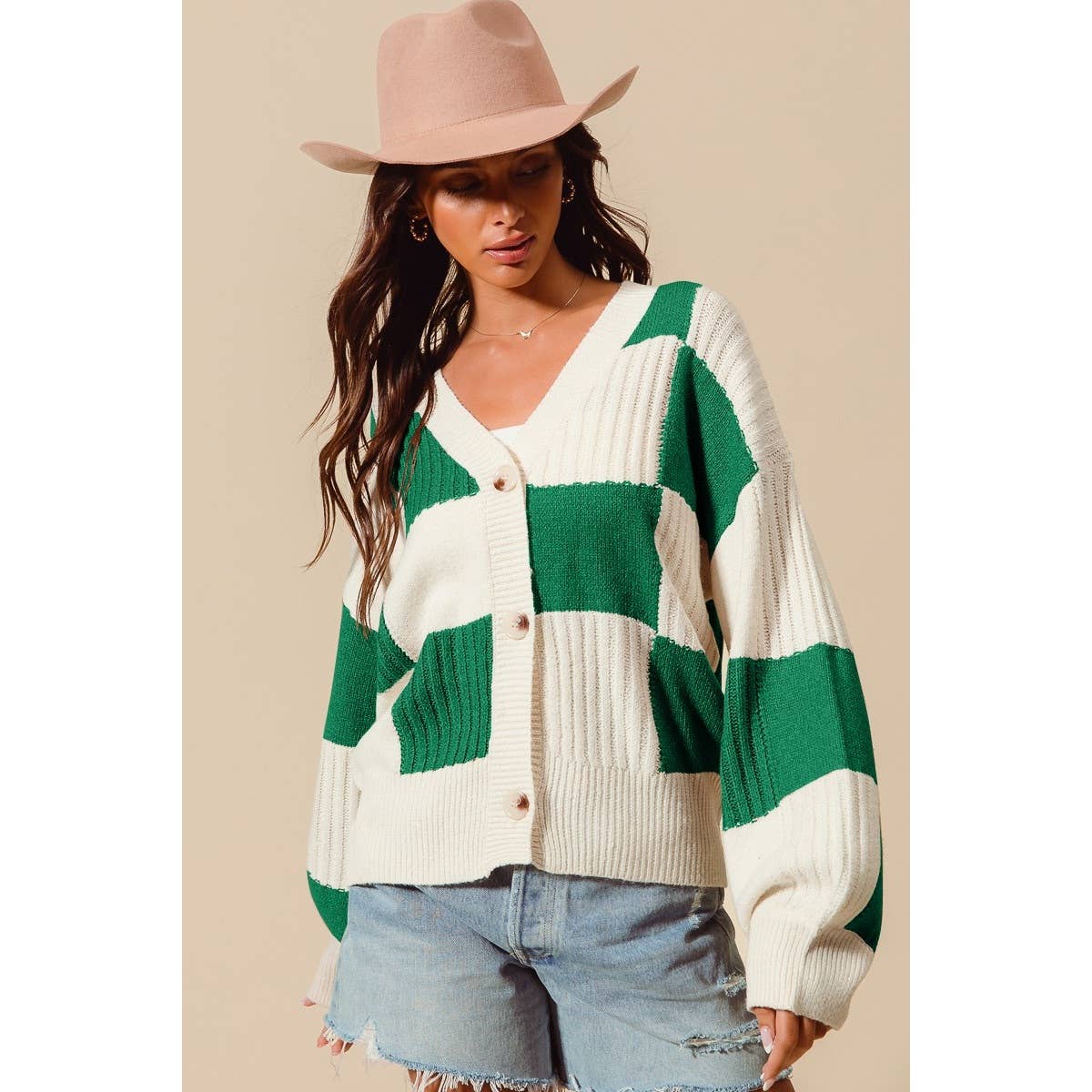 CHECKERED BUTTON FRONT TEXTURED SWEATER CARDIGAN