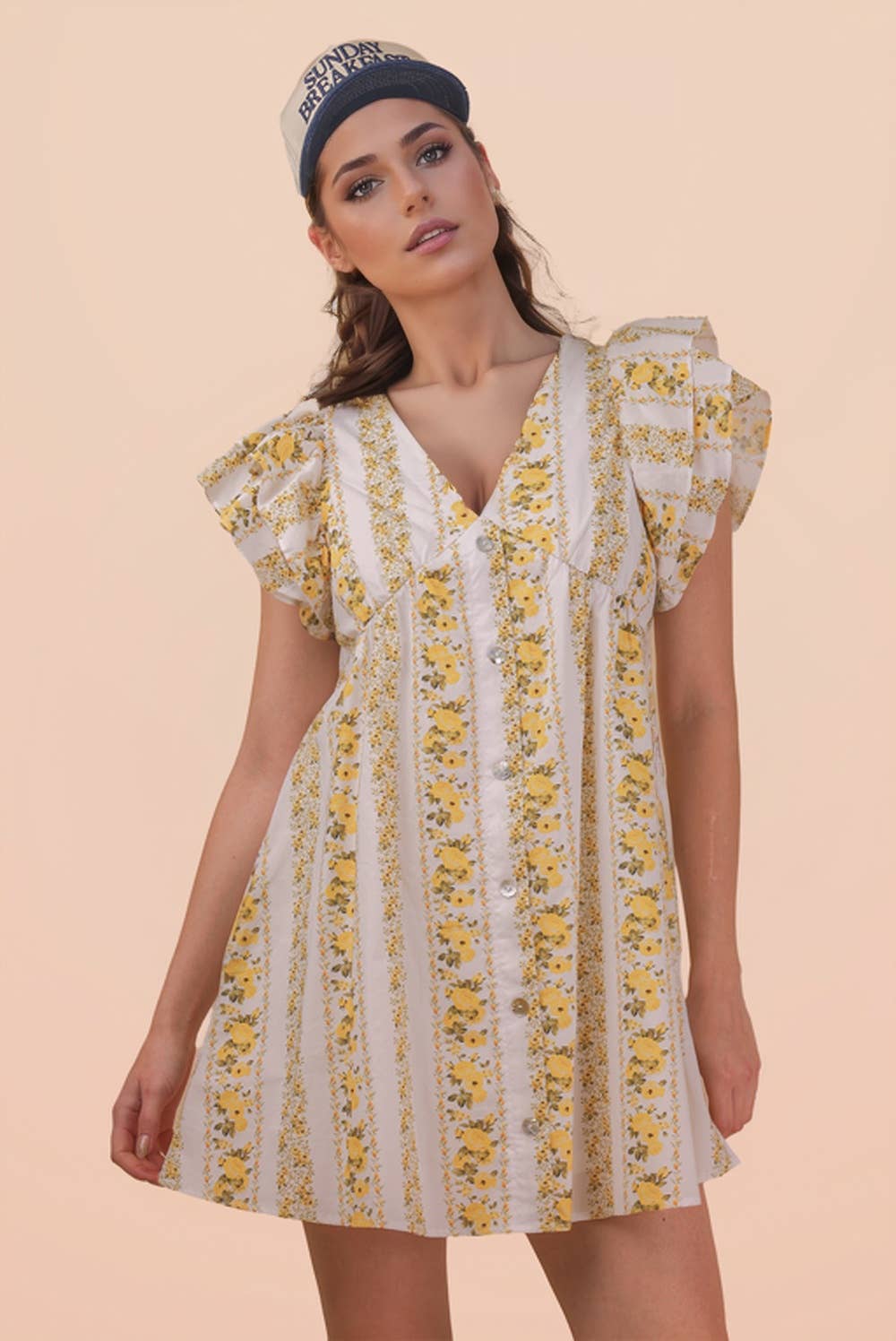 ND31775-Button Down Printed Ruffle Sleeve Mini Dress
