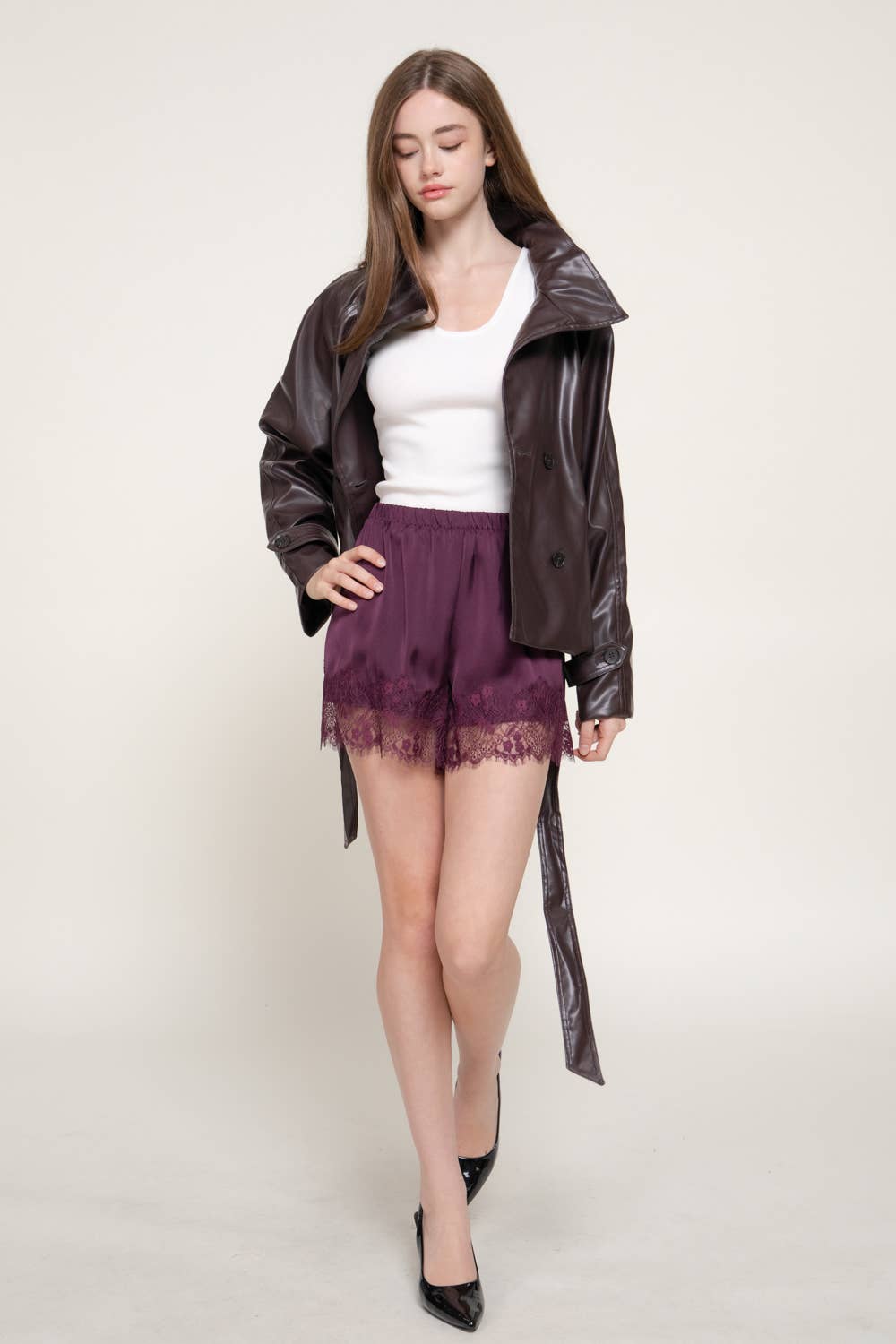 Waistband Lace Trim Hem Satin Shorts