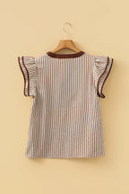 Stripe Double Ruffled Short Sleeve V Neck Blouse