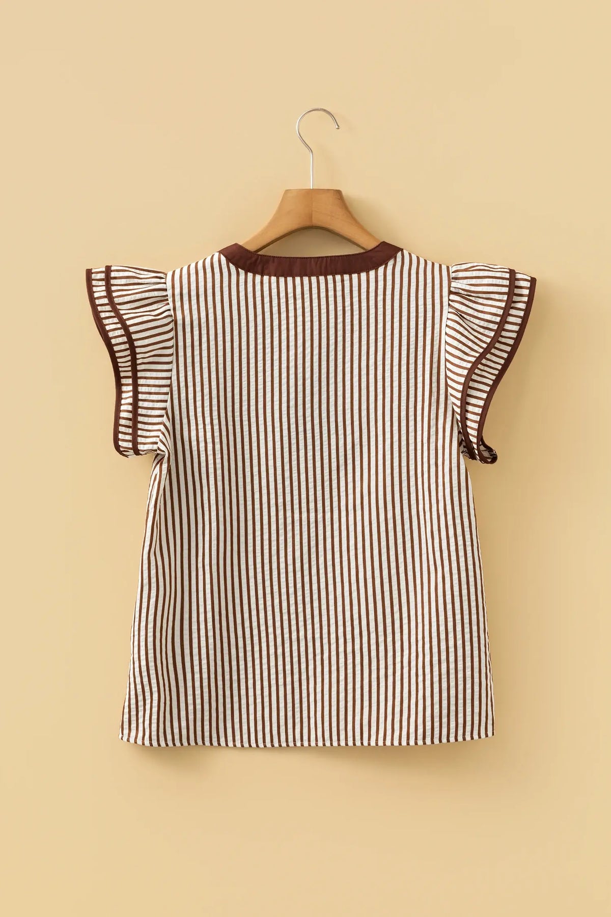 Stripe Double Ruffled Short Sleeve V Neck Blouse