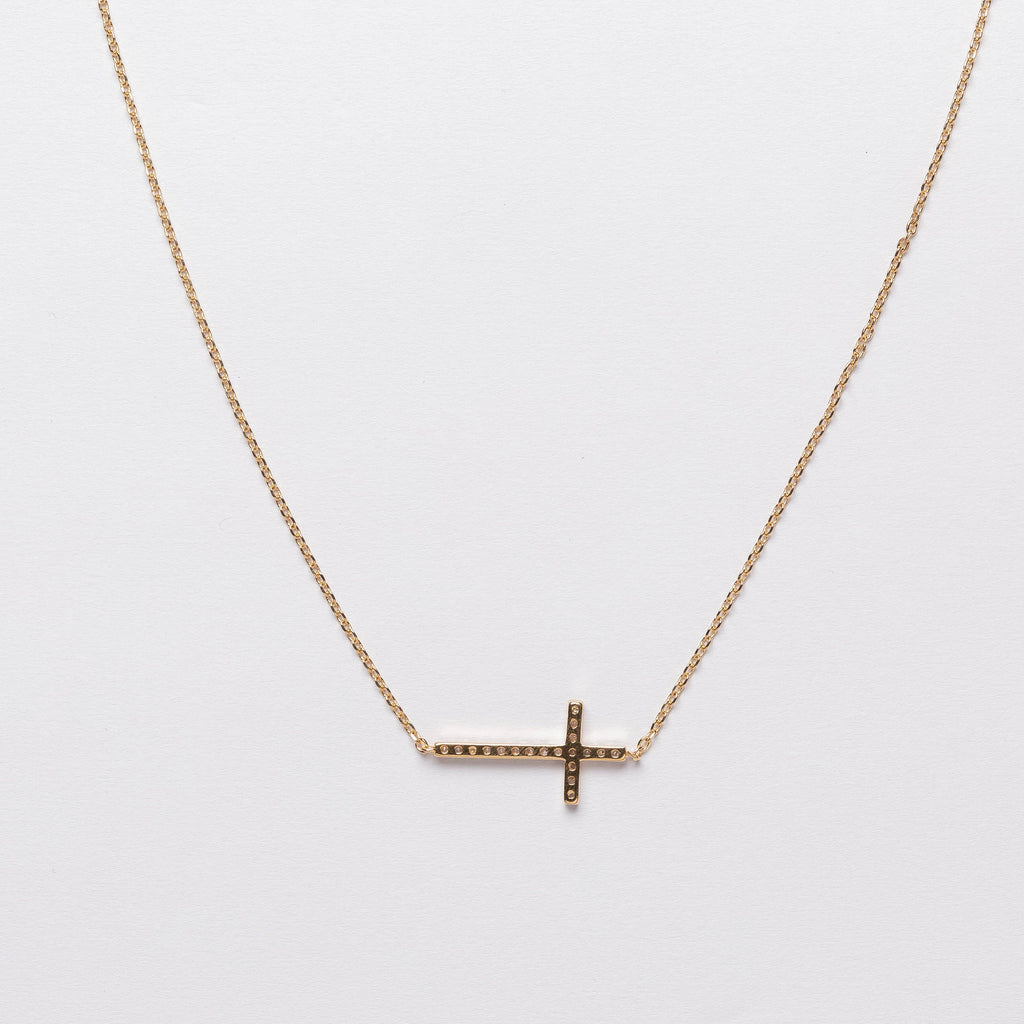 18K Gold Dipped CZ Sideways Cross Necklace