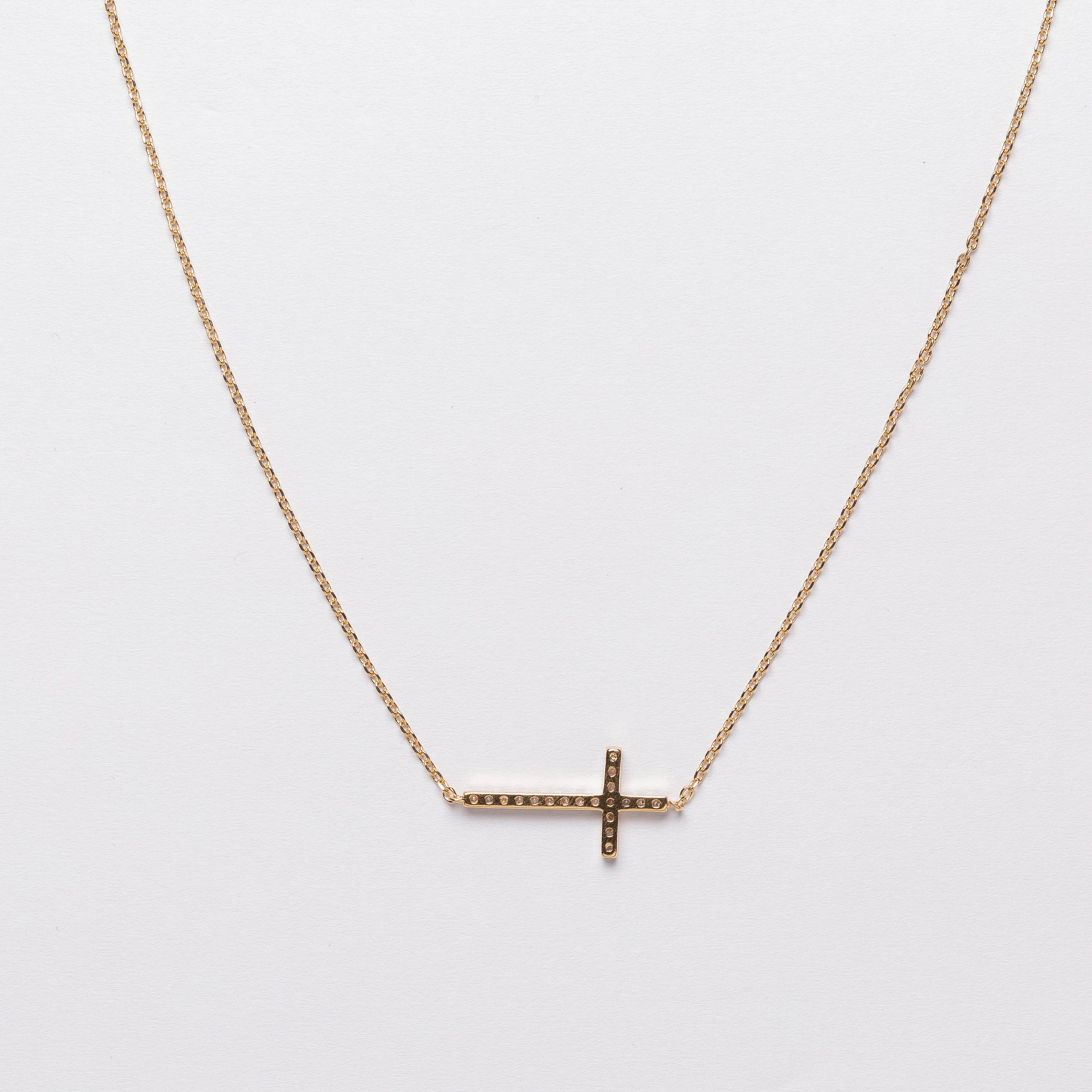 18K Gold Dipped CZ Sideways Cross Necklace
