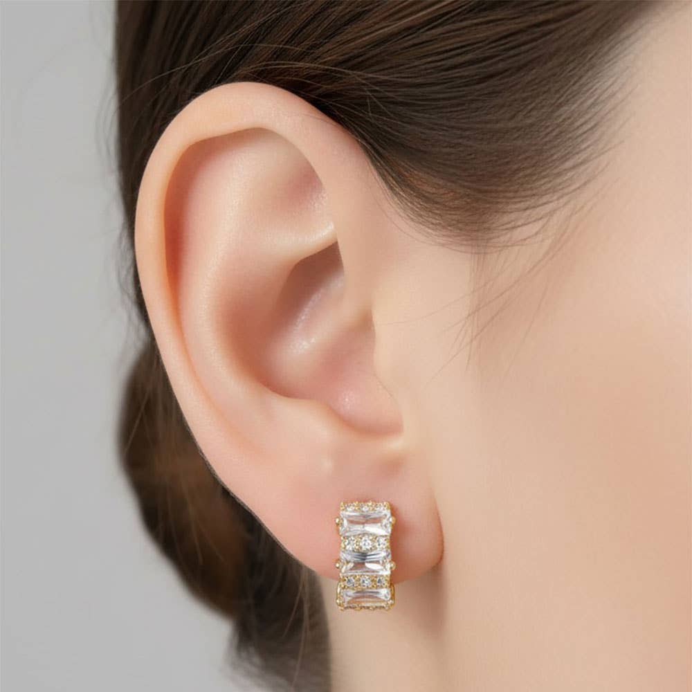 14K Gold Dipped Geometric CZ Baguette Huggie Hoop Earrings